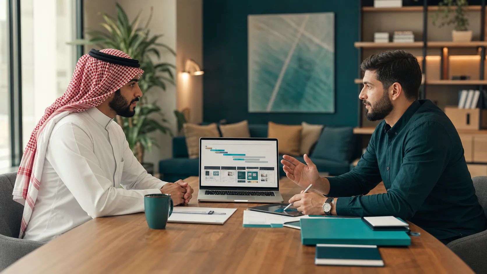 صاحب مشروع سعودي يناقش الجدول الزمني لتصميم موقع مع مستشار رقمي